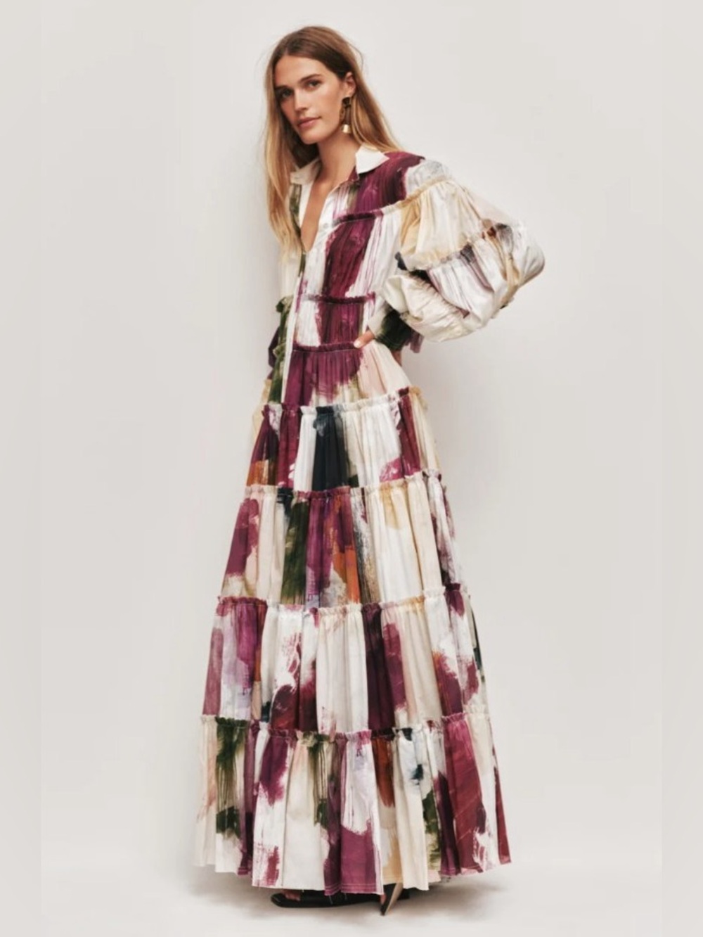 Aje Cait Watercolor 100% Cotton Printed Puff Sleeve Tiered Maxi Shirt Gown